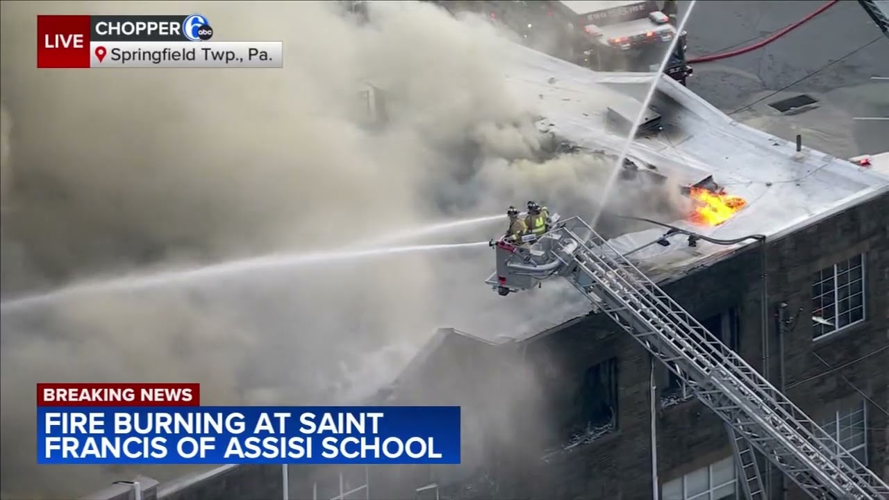 Firefighters battling fire at St. Francis of Assisi School in Springfield Township, Delaware County