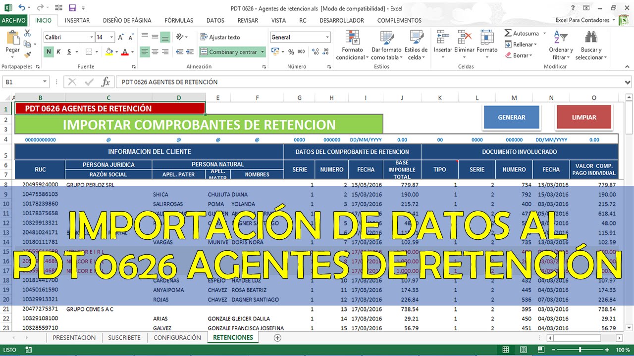 Importación de datos al PDT 0626 Agentes de retención (Macro en excel)
