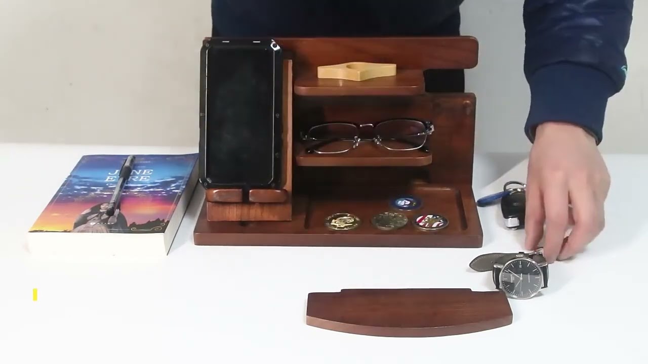 Key ,Wallet, Watch Stand Wood Phone Docking Station Nightstand Shelf