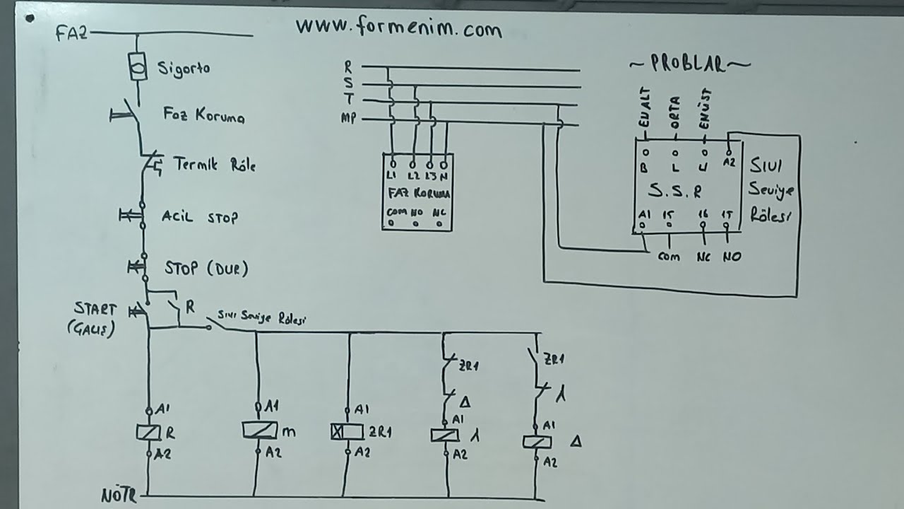 SIVI SEVİYE RÖLESİ İLE ÇALIŞAN YILDIZ ÜÇGEN KUMANDA DEVRESİ ÇİZİMİ TSE TÜRK NORMU