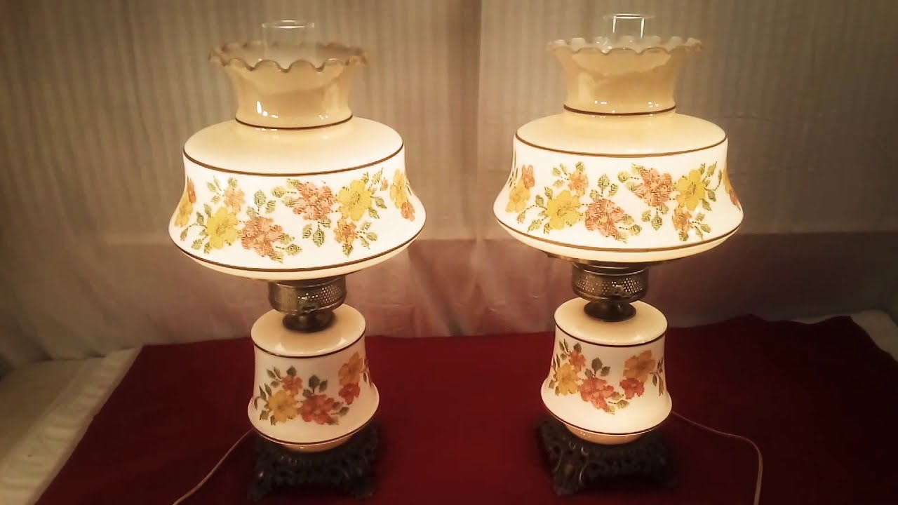 PAIR VINTAGE MID CENTURY FLORAL NEEDLEPOINT PATTERN HURRICANE LAMPS w/ CHIMNEY
