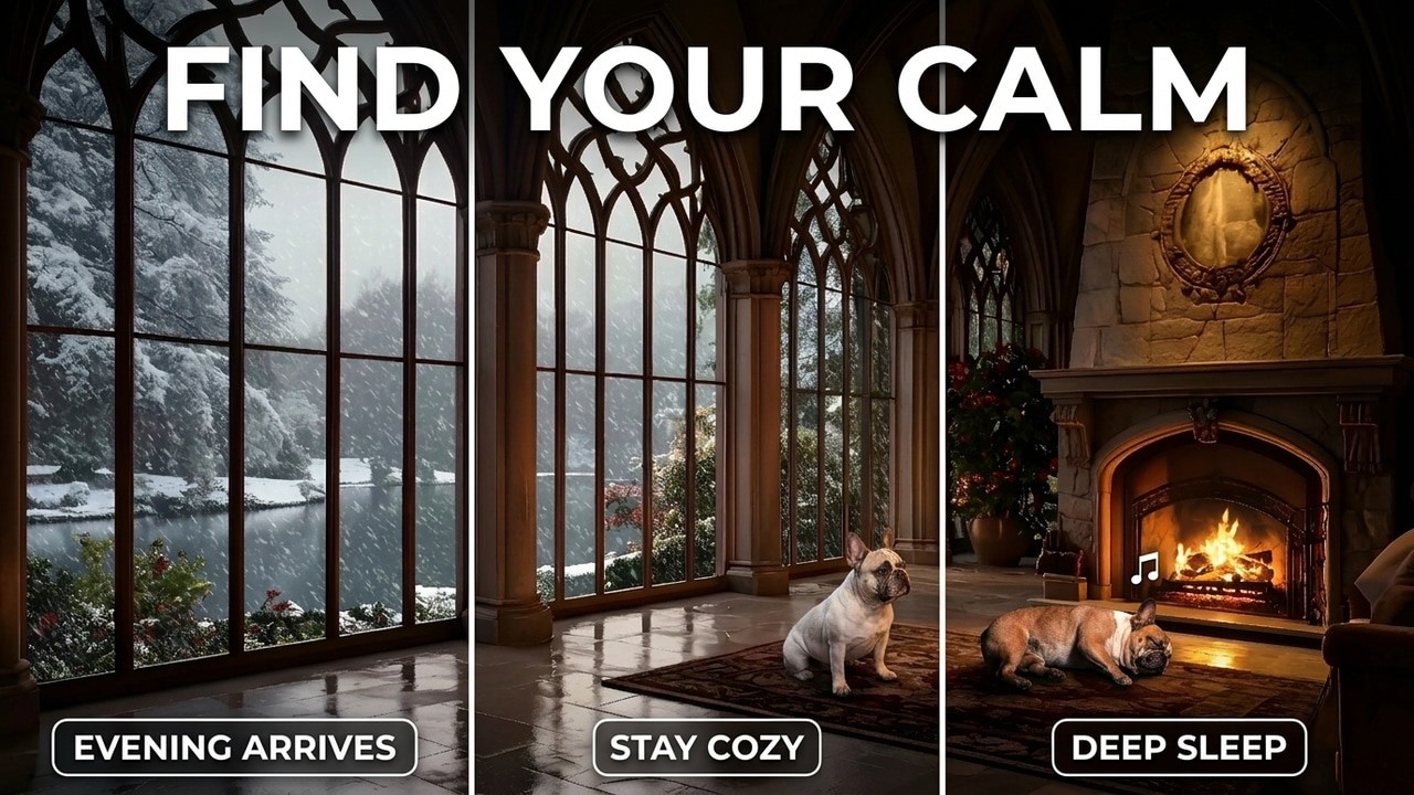 Castle Night by the Fireplace | Warm Glow, Sleeping Pet & Soft Music