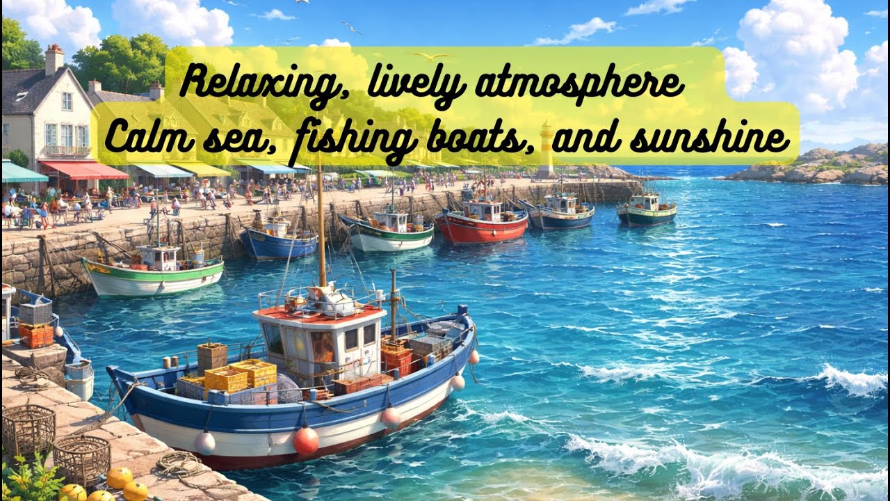 Relaxing nature sounds – Relaxing, lively atmosphere | Calm sea, fishing boats, and sunshine