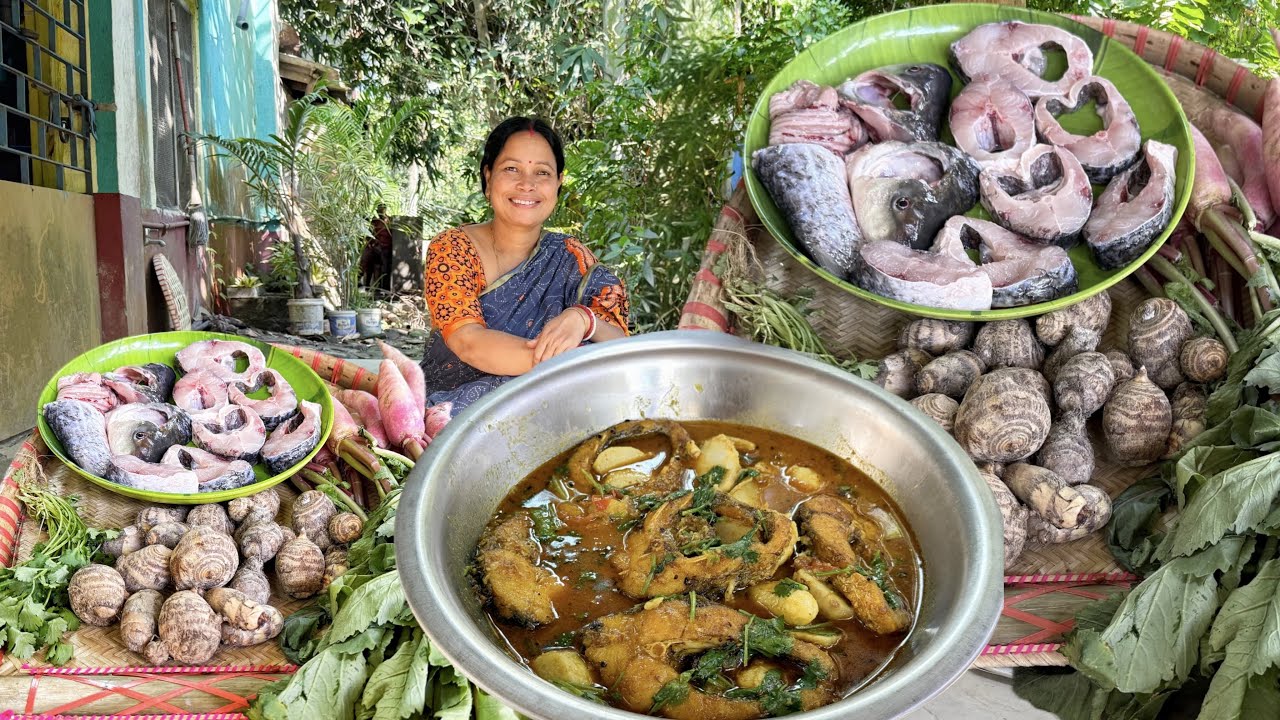ঘরোয়া পদ্ধতিতে কচু দিয়ে রুই মাছের ঝোল সঙ্গে মাছের তেল দিয়ে মুলো শাক ভাজা | Village Style Cooking