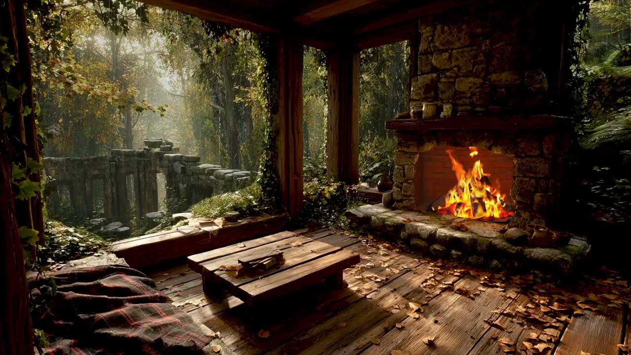 Rainy Forest Cabin | Cozy Wooden Room Ambience with Rainfall, Fire and Nature Calm