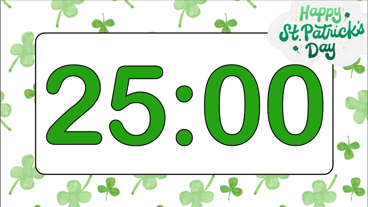 25 Minute Chill Saint Patrick’s Day Countdown Timer (Fun Bells Alarm at End, No Music)