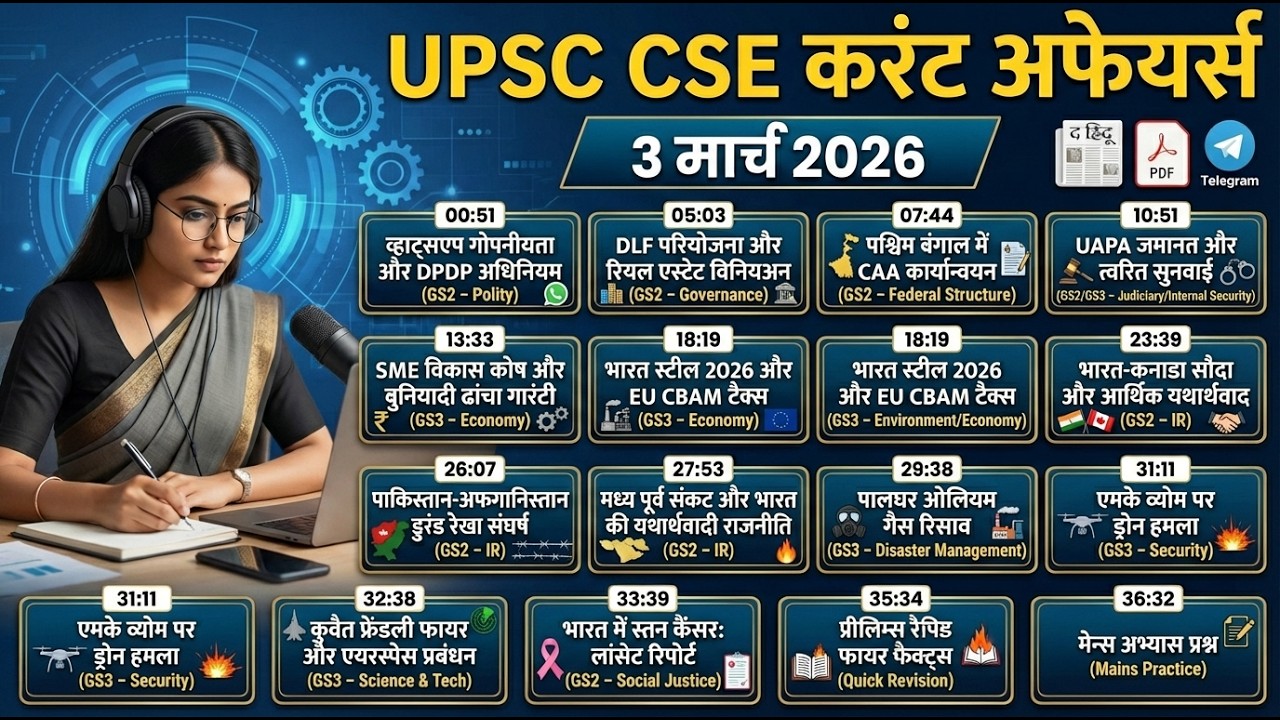 व्हाट्सऐप प्राइवेसी 📱 | यूएपीए जमानत ⚖️ | भारत-कनाडा समझौता 🇨🇦 | सीबीएएम टैक्स 🌍 | 03 मार्च UPSC 26