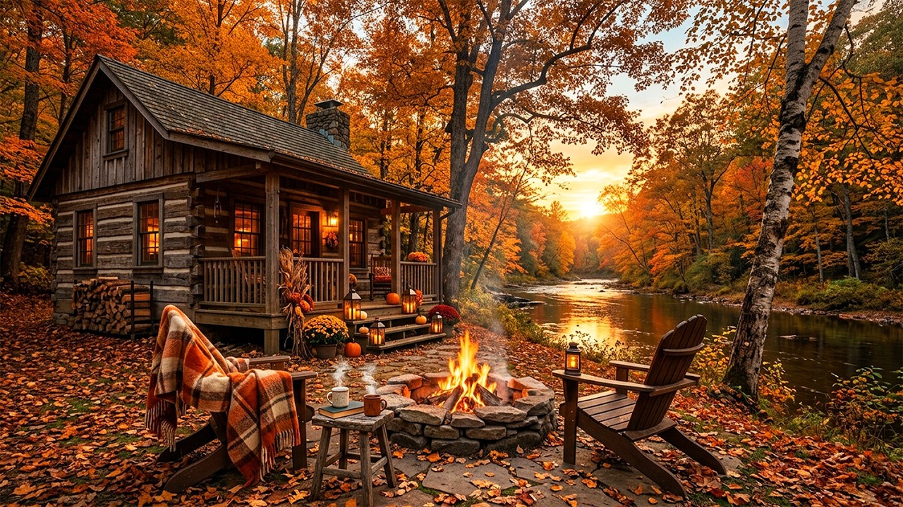 Autumn Sunset at the Log Cabin: Gentle River & Crackling Fire | ASMR Ambience