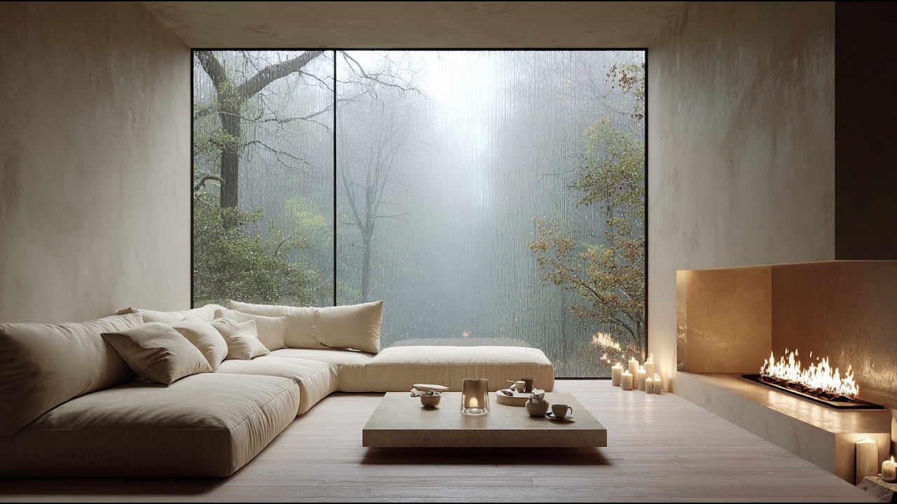 Rainy Day Calm 🌧️ Cozy Japandi Fireplace in a Misty Forest | No Music | 2 Hours