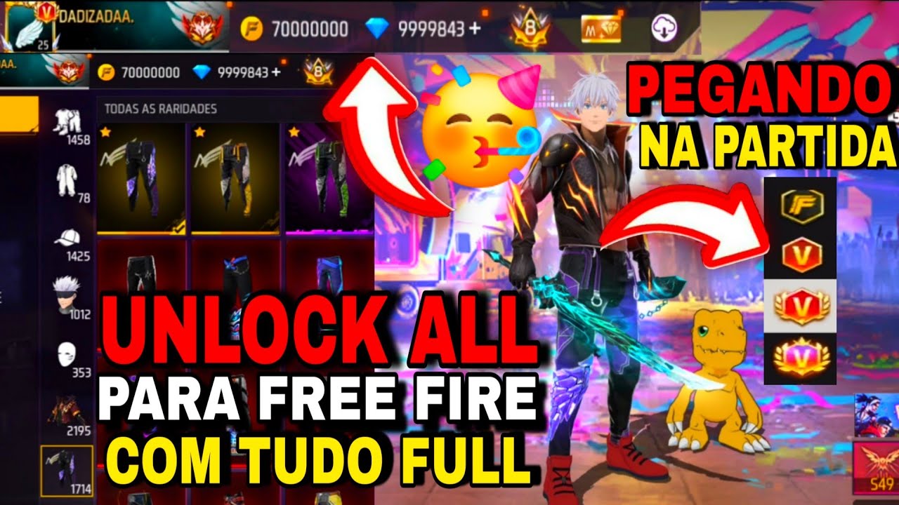 Saiu! UNLOCK ALL VIP FULL 🥳 COM TODAS SKINS PARA FREE FIRE UNLOCK ALL ATUALIZADO PEGANDO NA PARTIDA