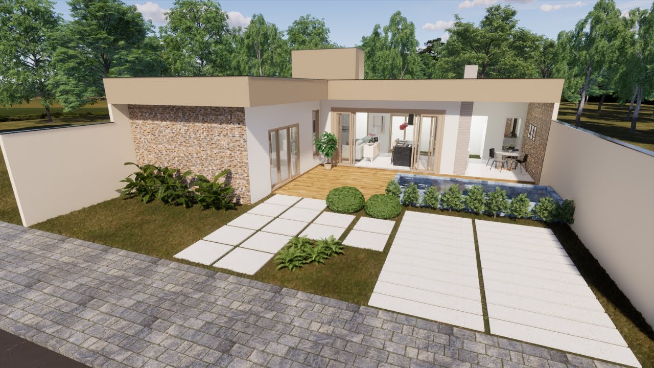 Dom w kształcie litery L z 2 sypialniami na działce 14x15m #3d #casa #projeto
