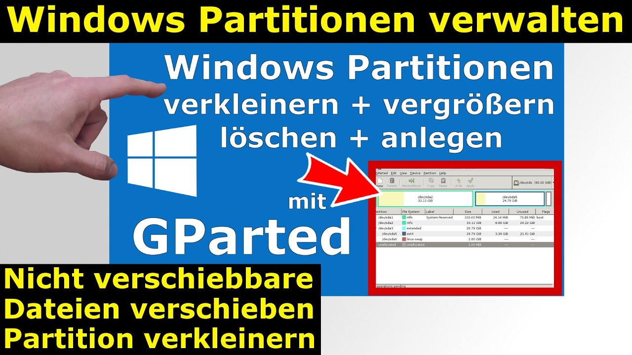 Windows 7 und 10 Partitionen verwalten + verkleinern - GParted - nicht verschiebbare Dateien
