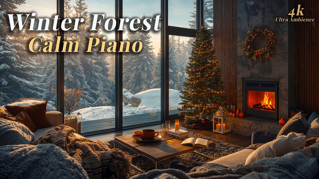 Snowy Winter Forest & Calm Piano | Cozy Cabin Ambience • Relax, Study, Sleep 4K