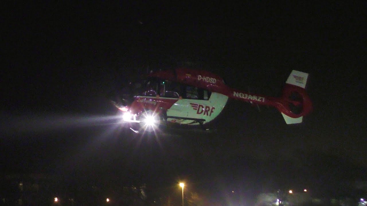 [HD] DRF Luftrettung H145, medical helicopter night start  at hospital Greifswald