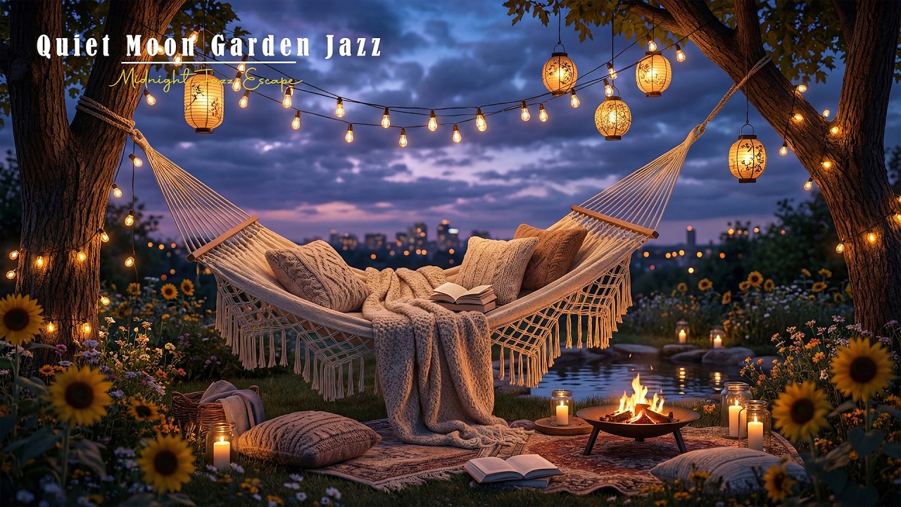 Quiet Moon Garden Jazz🌙 Smooth Relaxing Jazz with Warm Lantern & Firelight Ambience for Quiet Nights