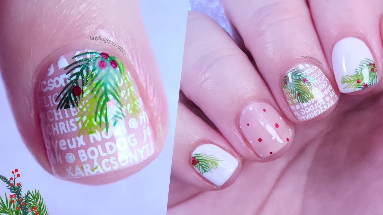 White Christmas nail art for short nails | Pine branches