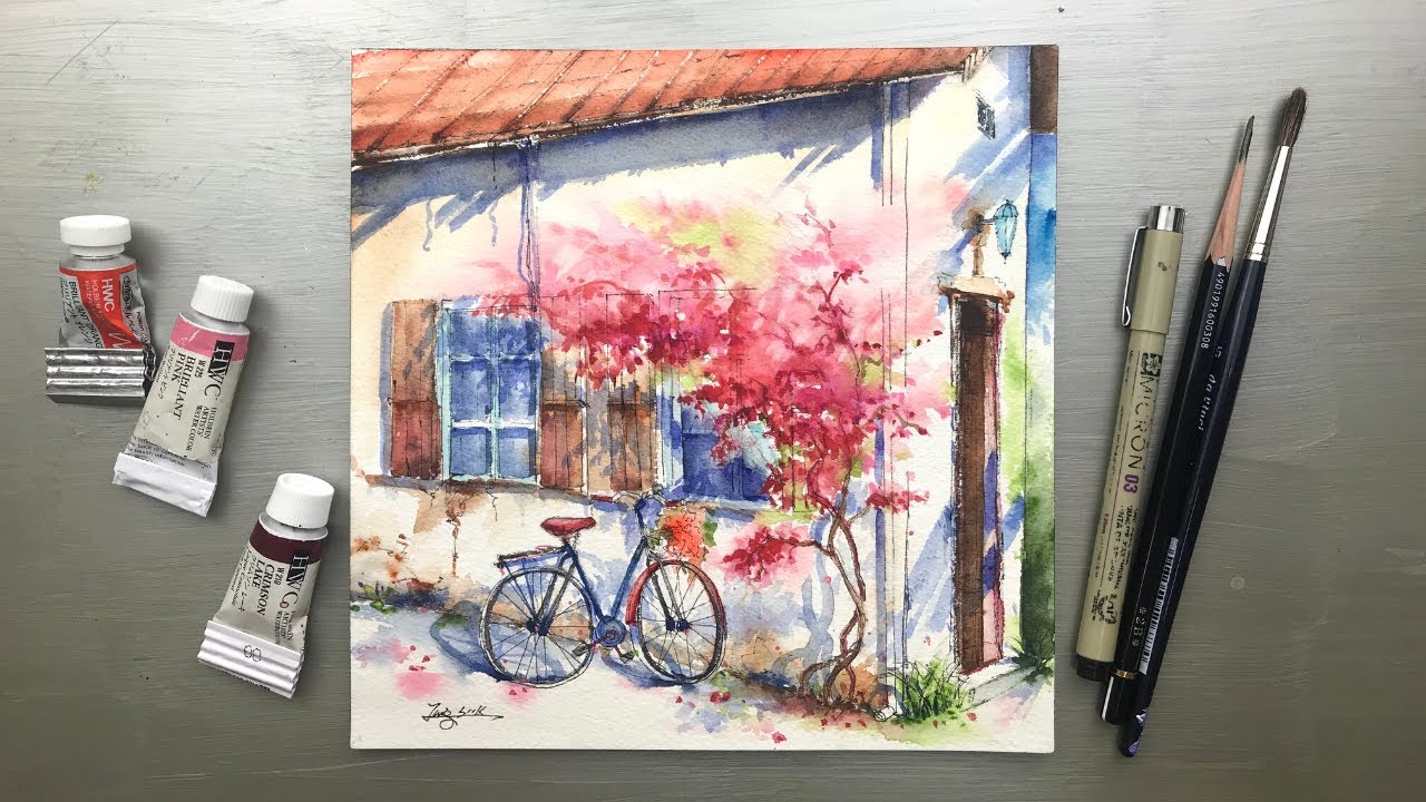Flower 🌸  and Bicycle 🚲｜Watercolor｜Tutorial