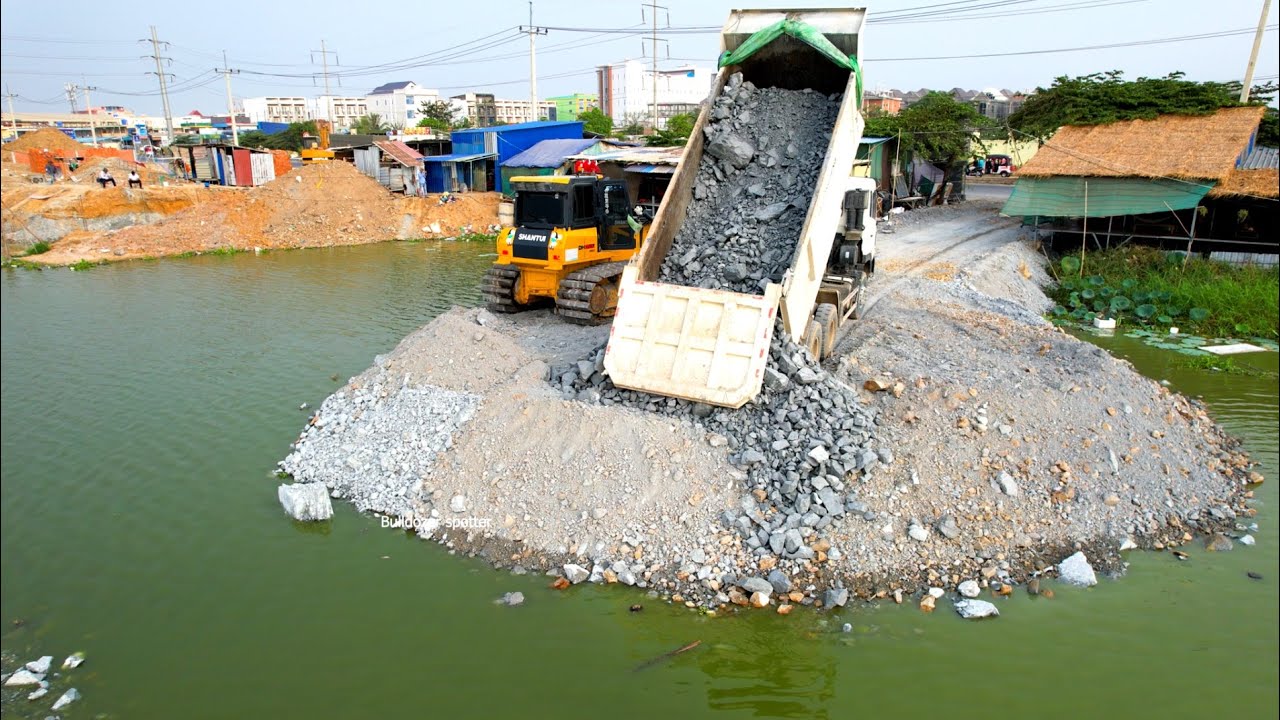 EP03. Huge project landfill by Using bulldozer SHANTUl pushing &Dump truck wheel 10 unloading stone 