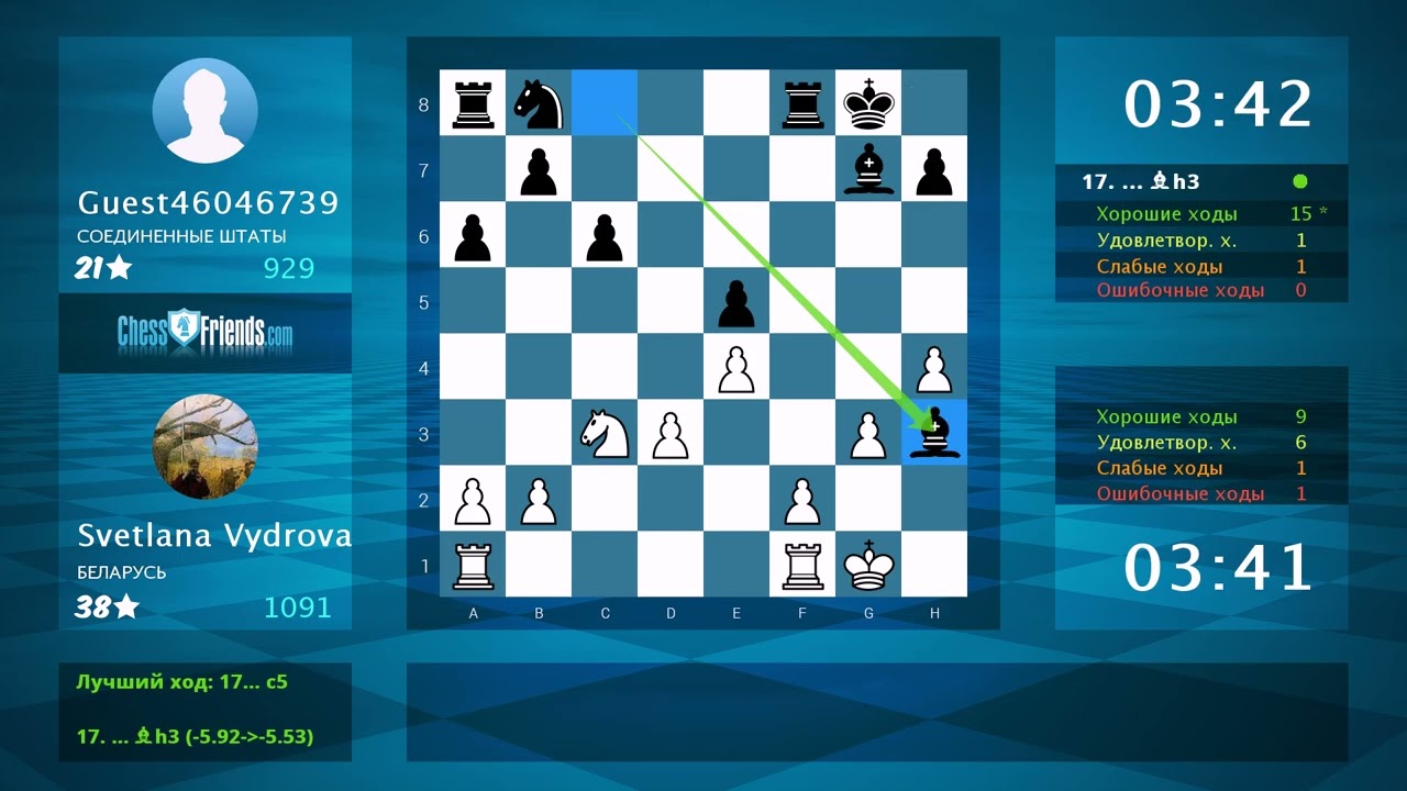 Анализ шахматной партии: Svetlana Vydrova - Guest46046739, 0.5-0.5 (по ChessFriends.com)