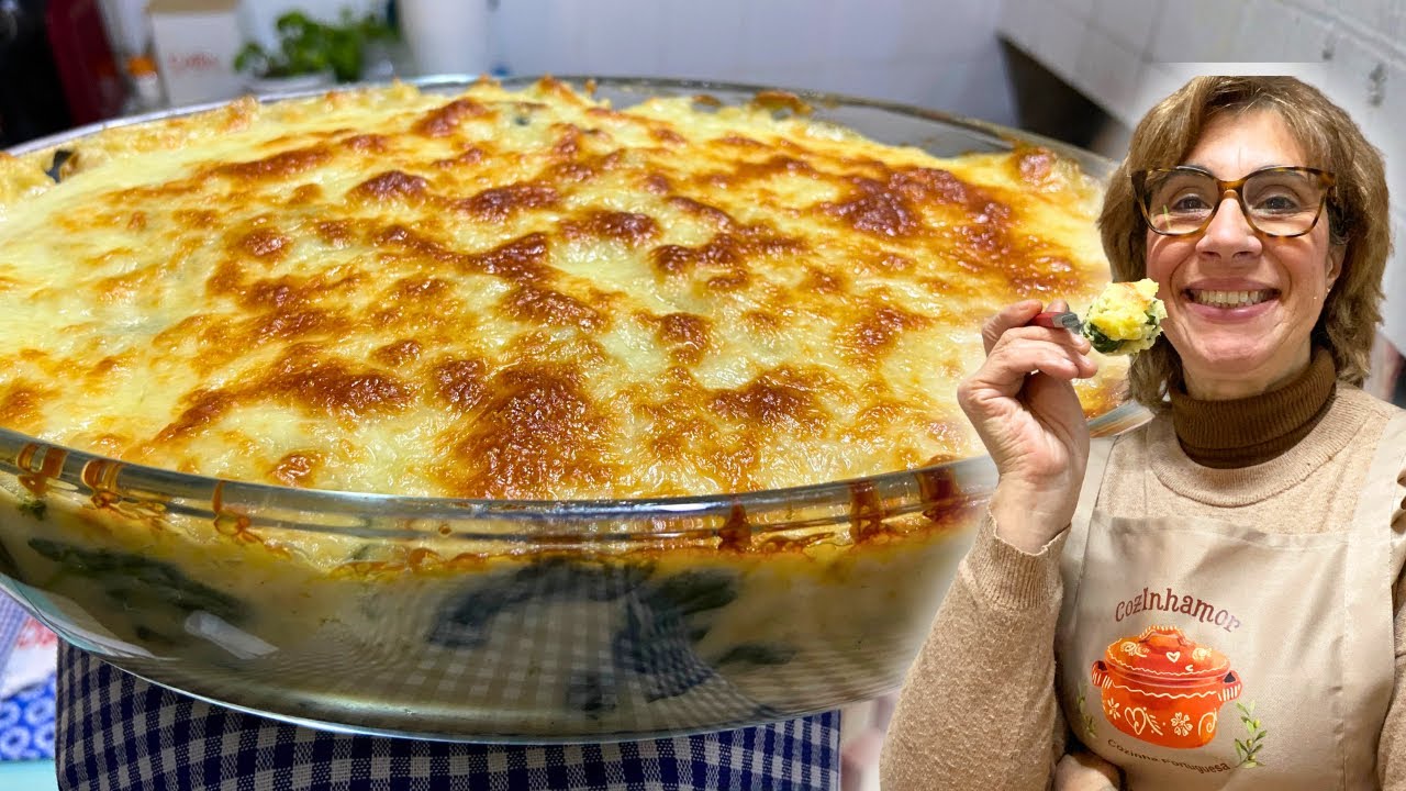 Bacalhau Gratinado, com molho branco, batata cozida e espinafres! DIVINAL