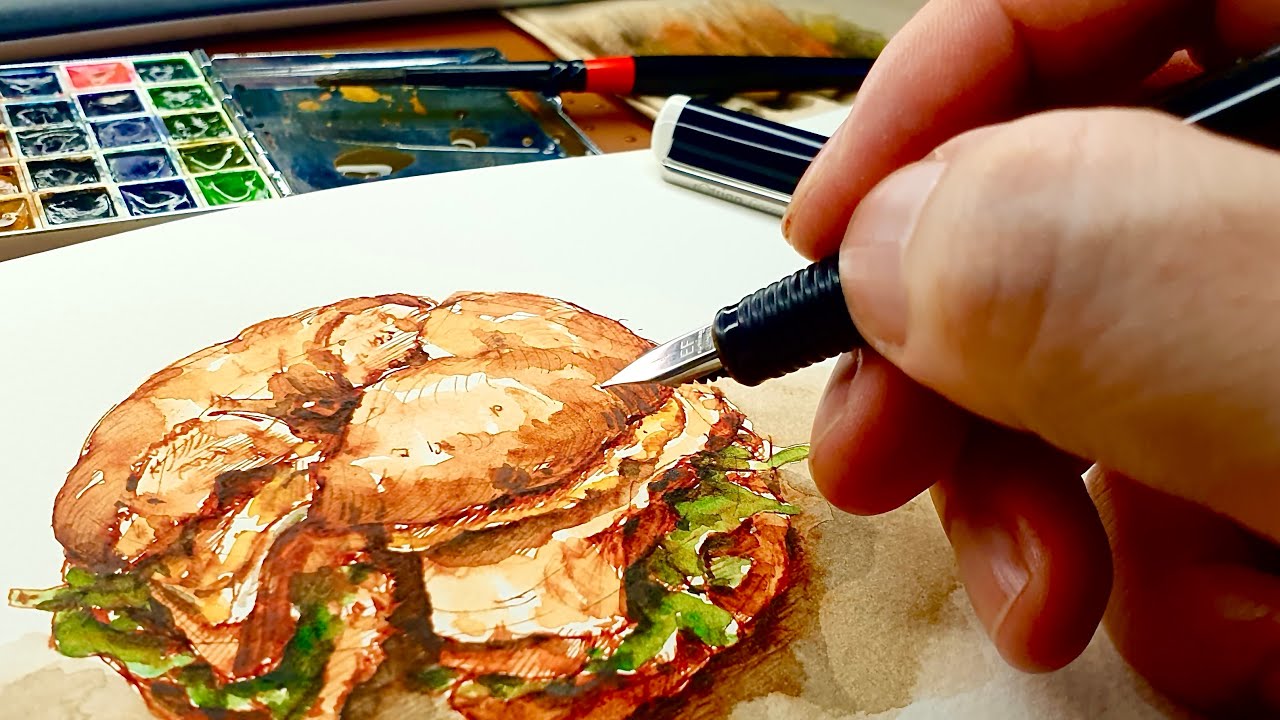 베이글 샌드위치 펜드로잉 & 수채화 팁 | Bagel Sandwich Pen Drawing & Watercolor Tips
