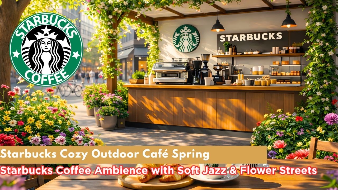 Starbucks Cozy Outdoor Caf&eacute; Spring 🌸 Starbucks Coffee Ambience with Soft Jazz & Flower Streets