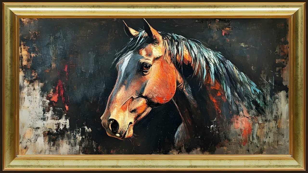 Vintage Horse Portrait, Rustic Equestrian Oil Painting | Gold Framed TV Art Screensaver