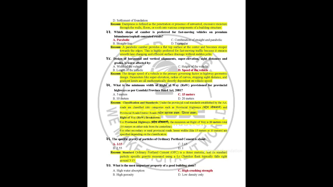 Sub engineer (Civil 5th Level) | Gandaki Pradesh Question paper Solution || PSC Nepal  ||