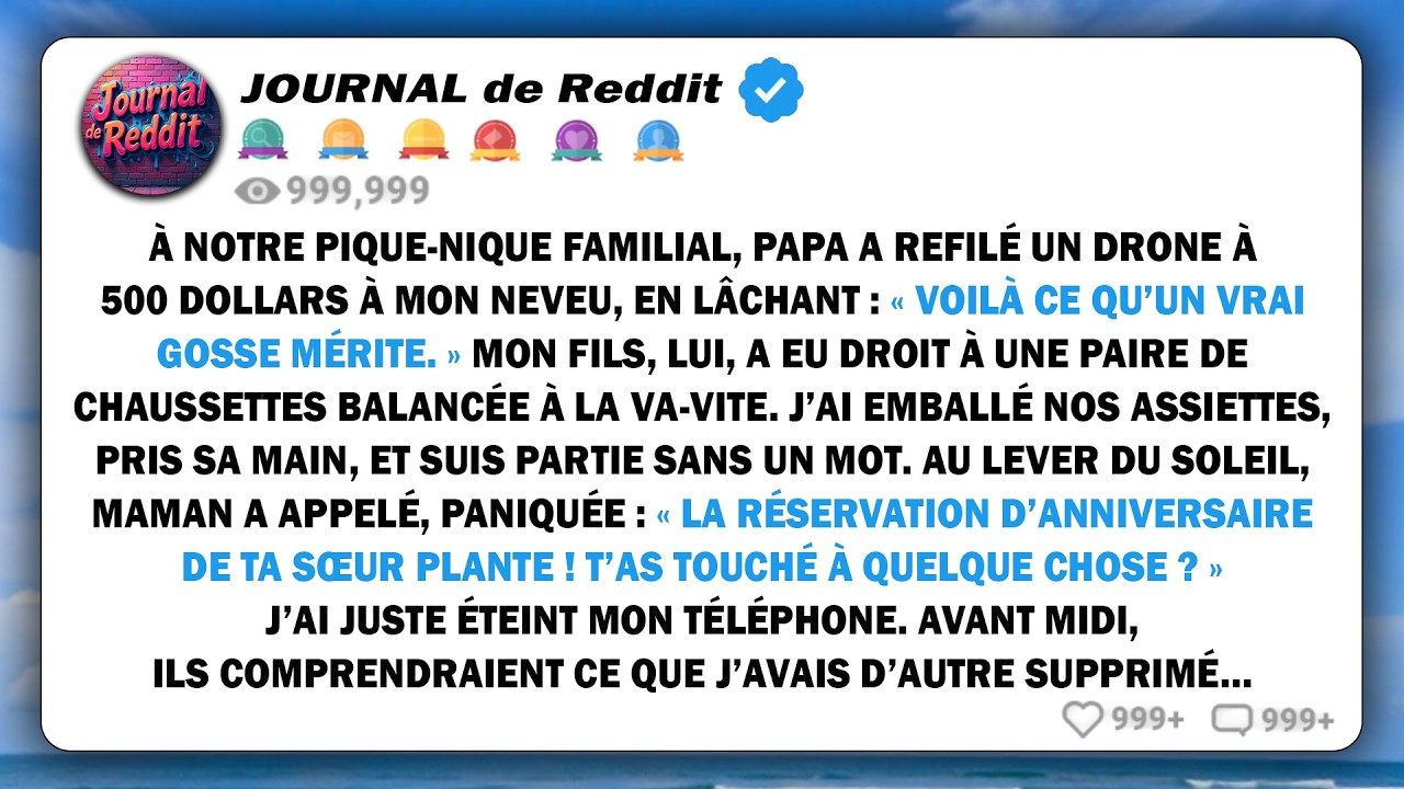 Lors de notre pique-nique familial, papa a tendu un drone à 500 $ à mon neveu en disant...