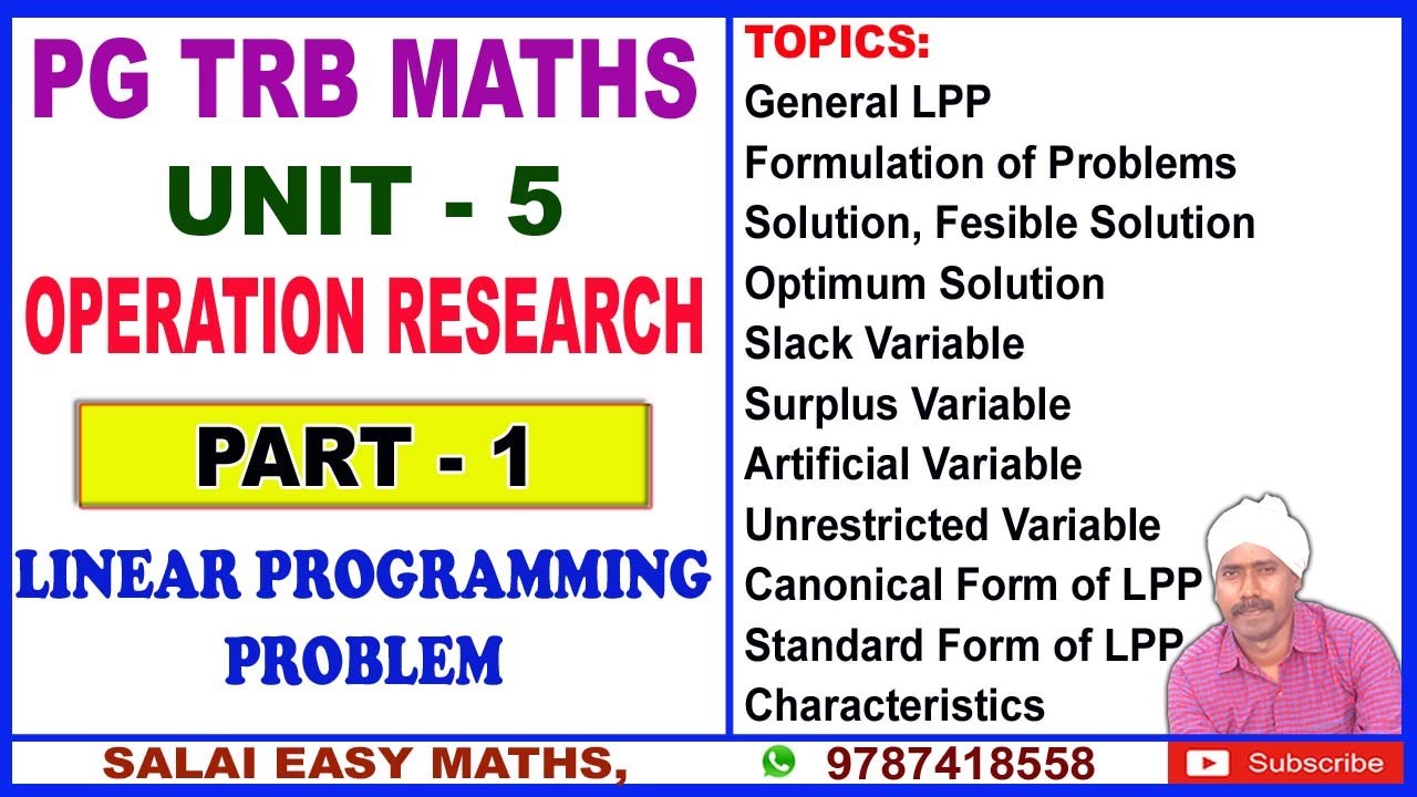 PG TRB MATHS | UNIT 5 | OPERATION RESEARCH | PART 1 | LINEAR PROGRAMMING PROBLEM | BASIC DEFINITIONS