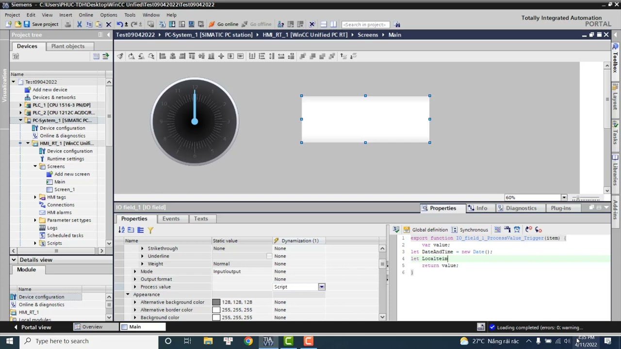 Digital Clock Using Javascript Code in WinCC Unified V17