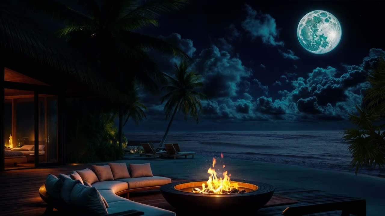 Relaxing Night Ocean Sounds 🌊 Firelight Beach Ambience for Sleep & Meditation | 11 Hours