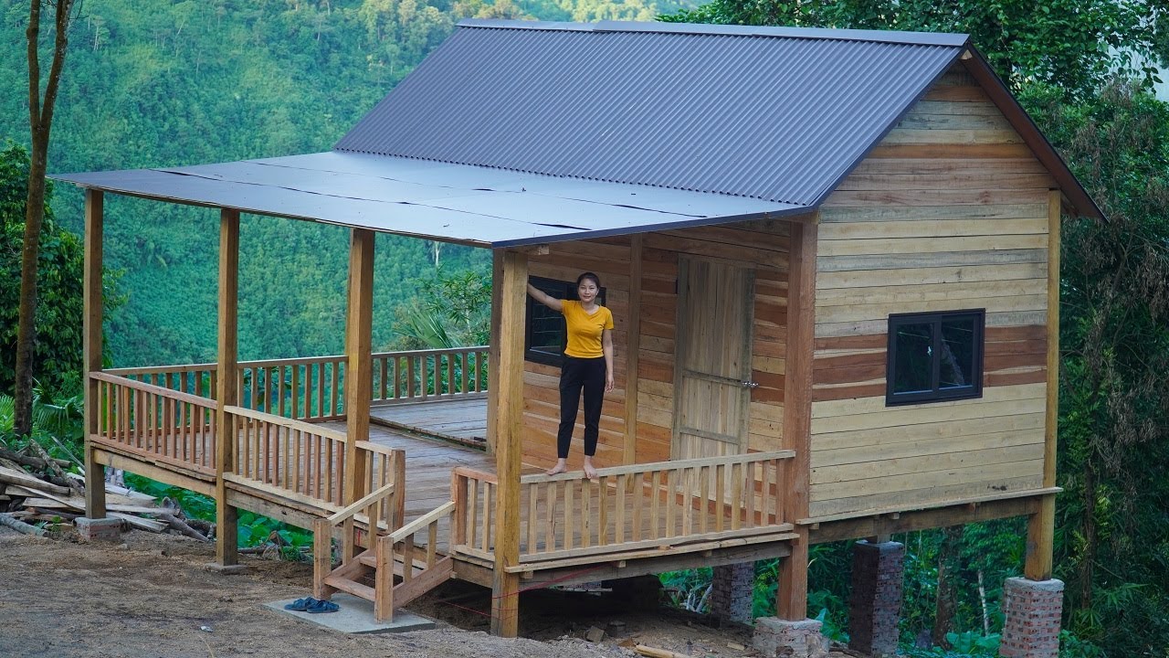 Build & Finish Wooden House: Make Wooden table, Railing around the house - Off-Grid Living Alone