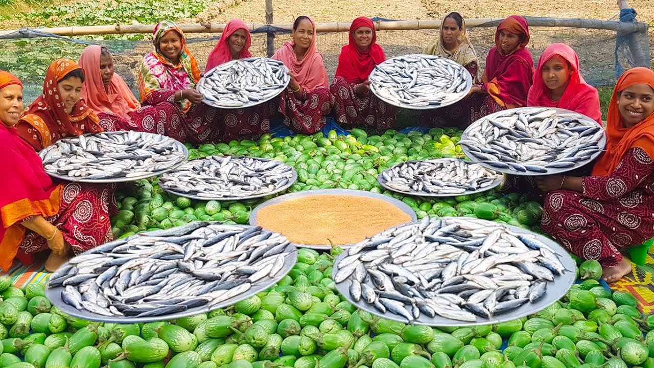 Fresh Eggplant, Pulses & Labeo Bata Fish Gravy Mashed Recipe - Healthy Food Cooking for Villagers