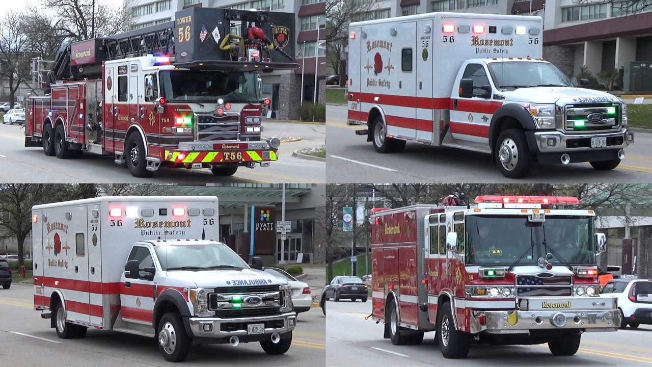 *FIRE* Rosemont IL Public Safety Dept Engine 56(R), Tower 56, Ambulances 56, & 57(R) Responding