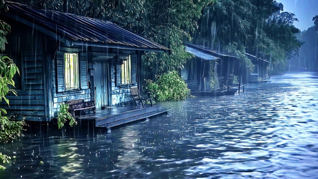 Fragile Riverside Houses Getting Hammered by Heavy Rain – Dark Storm Ambience