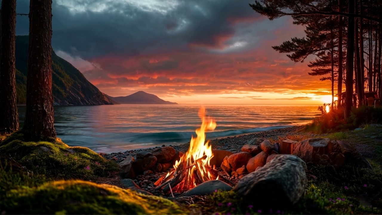 Tranquil Campfire Ambiance 🌲 Fireplace Sounds & Evening Lake Serenity
