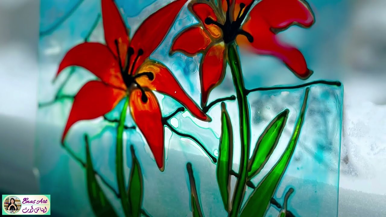 GLASS PAINTING LESSON - LOOK AT MY RED LILIES WITH WATER BASED PEBEO COLORS. الرسم على الزجاج