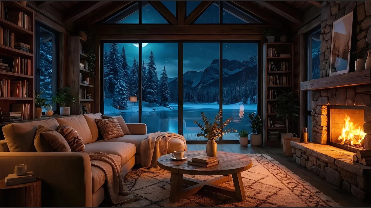 Cozy Winter Cabin Fireplace ❄ Snow Falling Outside Window | Soft Piano Ambience