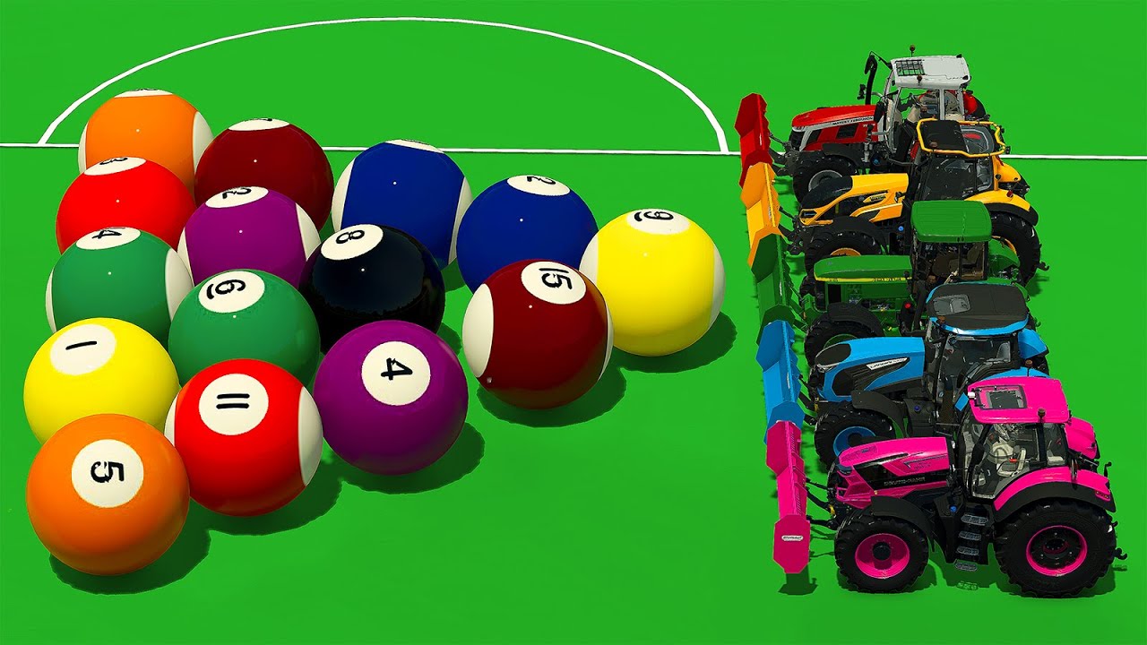 BATTLE OF COLORS | JOHN DEERE, LANDINI, VALTRA and DEUTZ TRACTORS BATTLE with BILLIARD BALLS 🚜🎱