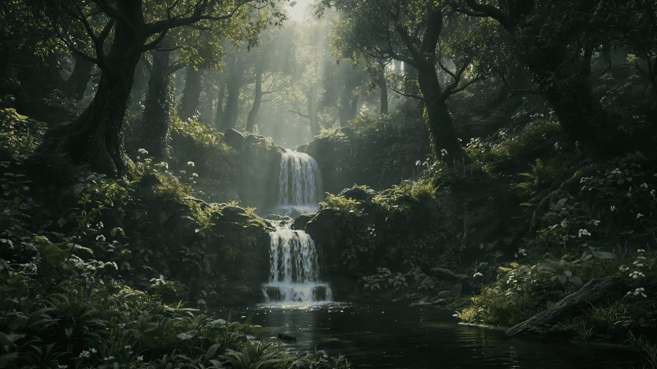 Serene Forest Waterfall Scene 🌲💧 Calm Water Sounds for Relaxation & Focus