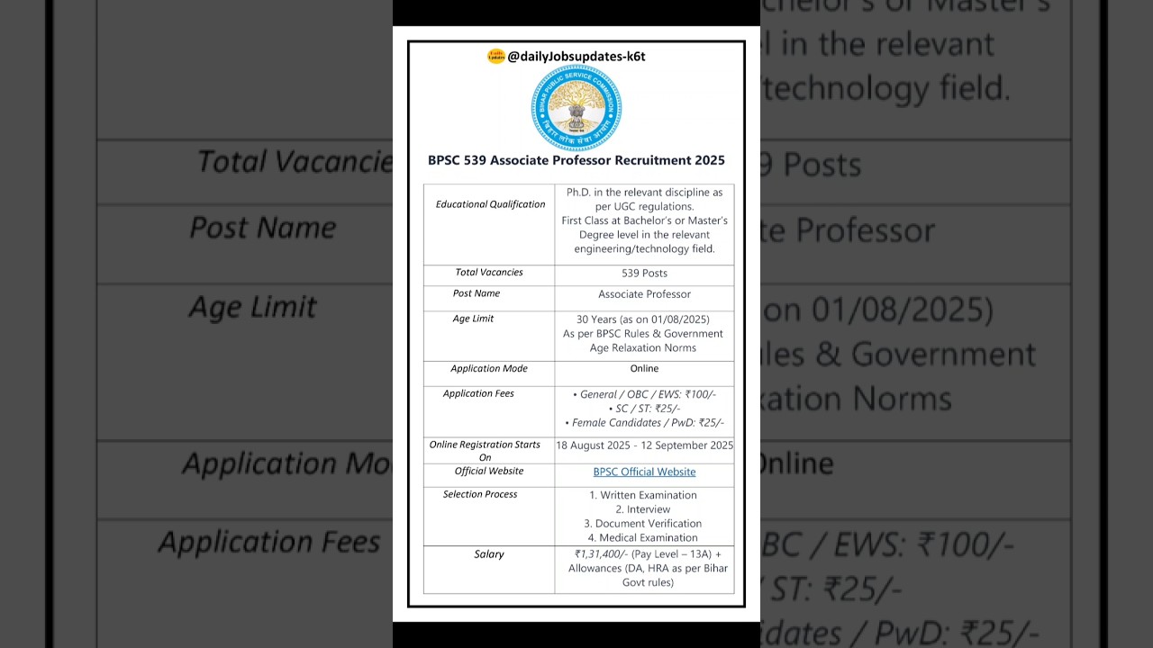 BPSC 539 Associate Professor Recruitment 2025 | New Vacancy 2025 | dailyJobs updates #shorts #job