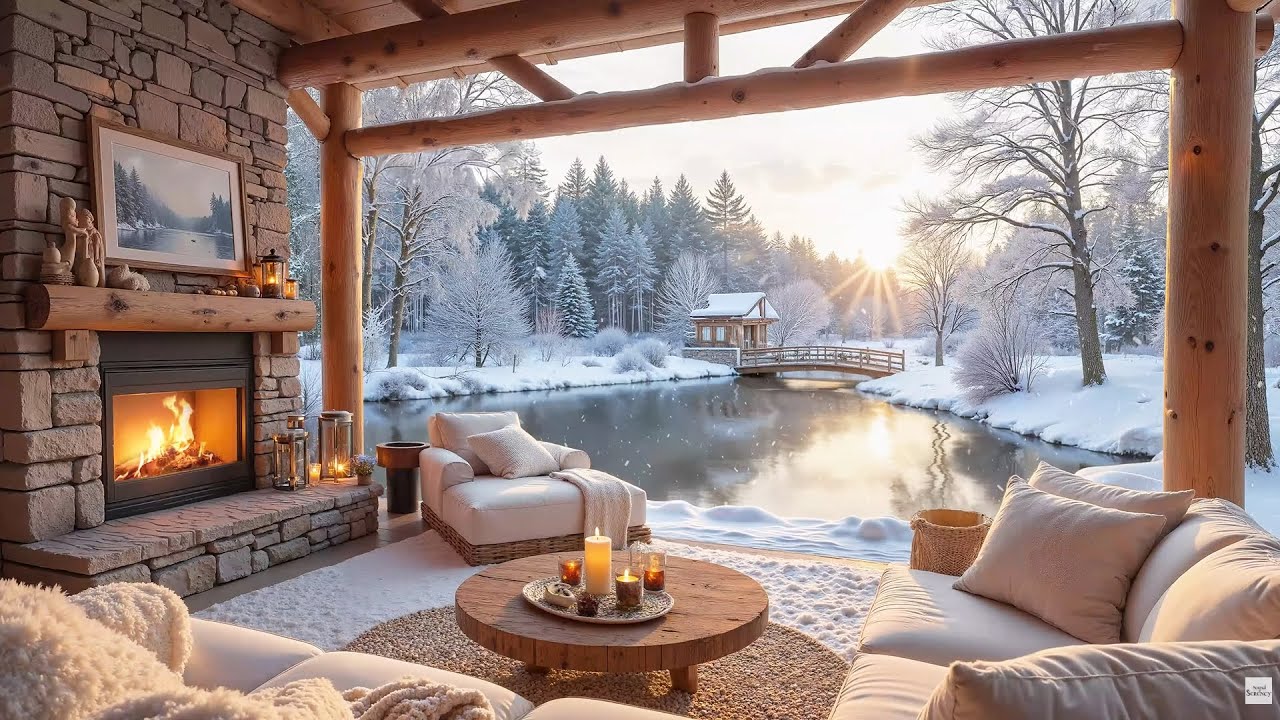 Snowfall at a Cozy Cabin By The Lake ❄️Gentle Piano Melodies & Crackling Fireplace for Calm Focus