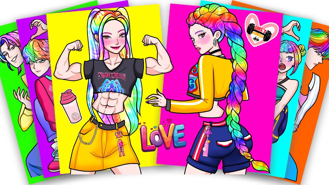 HUNTRIX RUMI and MIRA WITH COLORFUL RAINBOW HAIR - KPOP DEMON HUNTERS | Sticker Book DIY