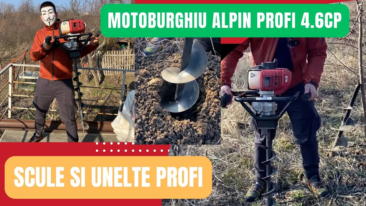 Motoburghiu Alpin Profi 4.6CP, 3 x Burghiu, foreza pentru pamant - Post hole digger