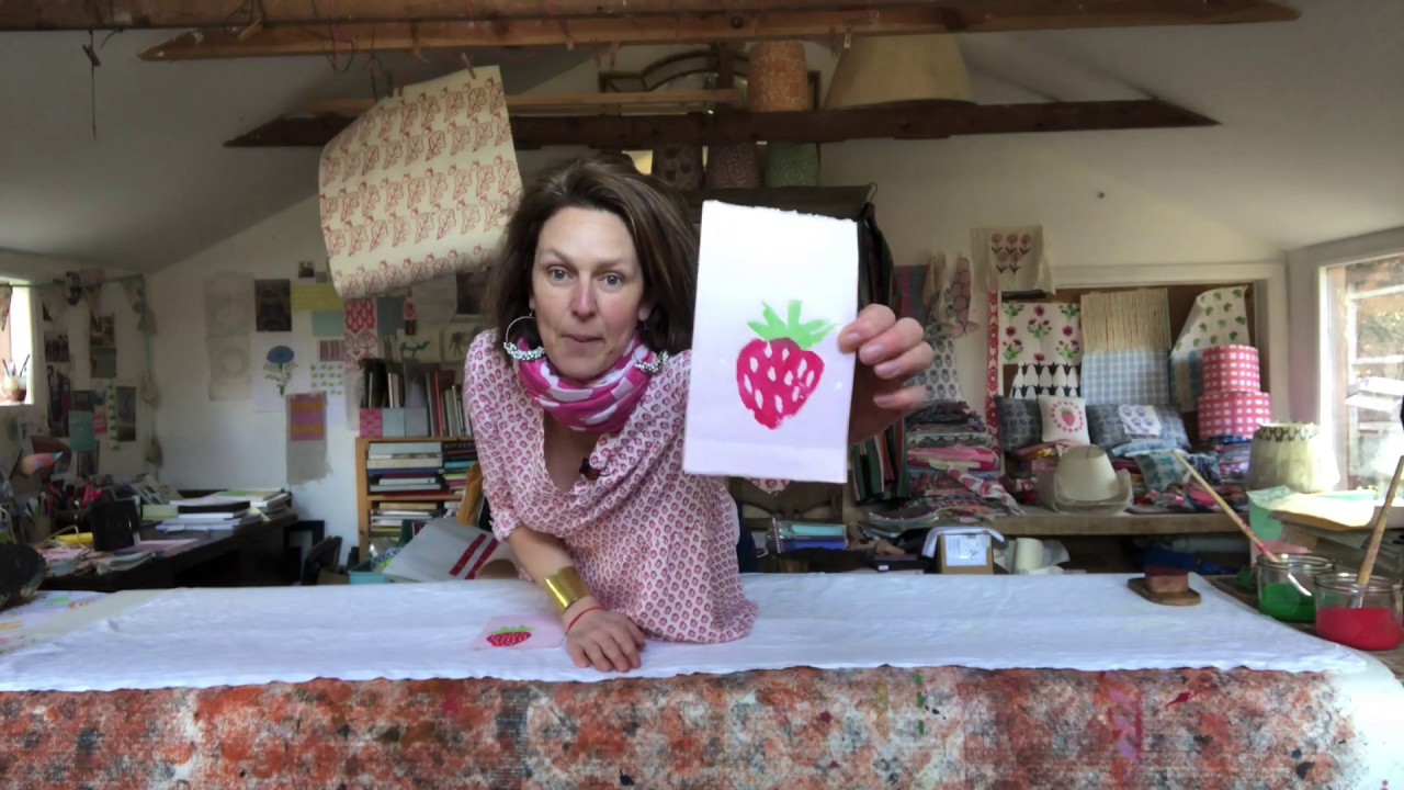 Block printing a strawberry table cloth with Molly