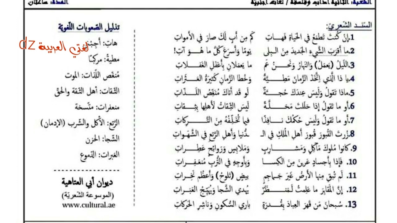 اختبار الفصل الأول اللغة العربیة الثانية ثانوي الشعب الأدبية. الزهدفي العصر العباسي.