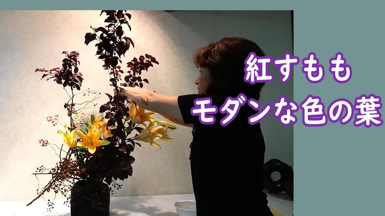 紅スモモ(ワイン色のキレイな葉）と黄色のユリをいける_秋の花_Sogetsu Ikebana