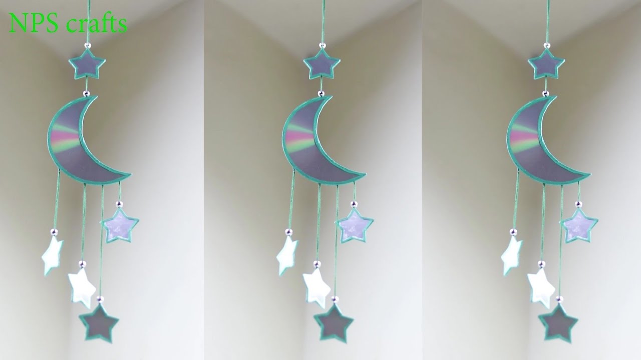 How to make🌜&🌟wall Hanger with waste CD | DIY Room decoration ideas | Old cd craft | MOON & STARS