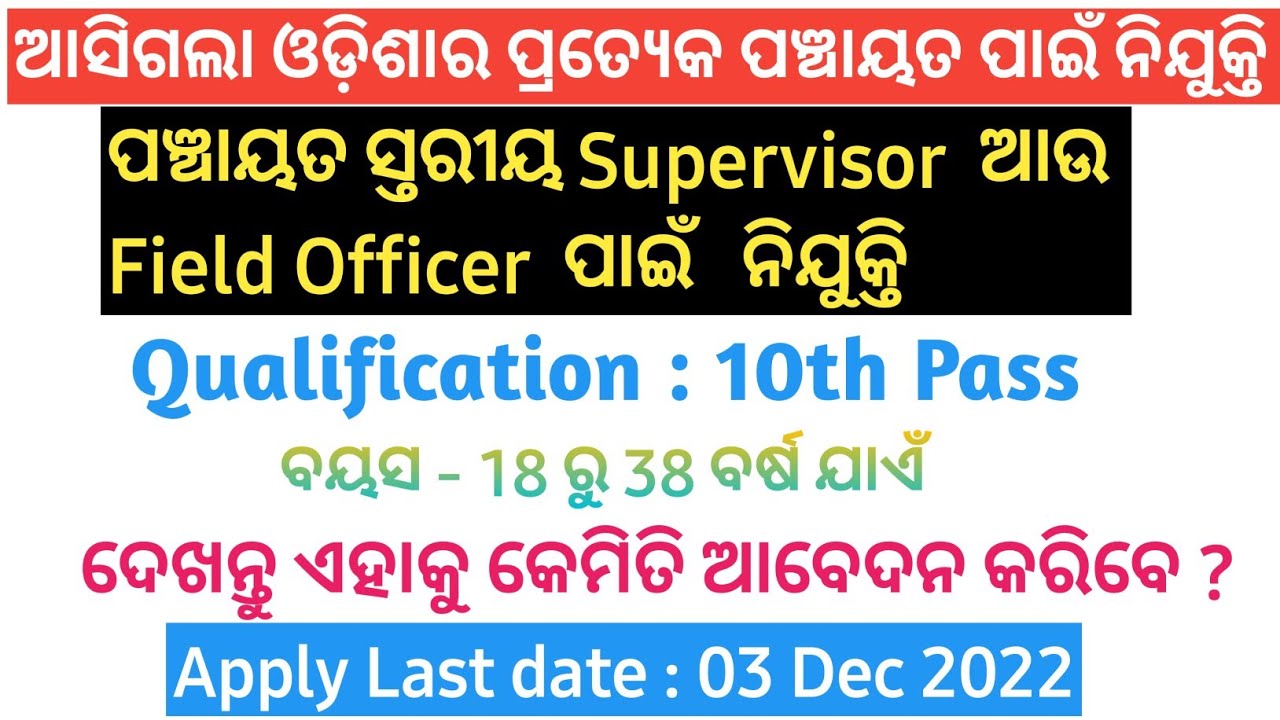 ODISHA PANCHYAT LEVEL JOB | PANCHAYAT SUPERVISOR and FIELD OFFICER VACANCY | ODISHA 10TH PASS JOB